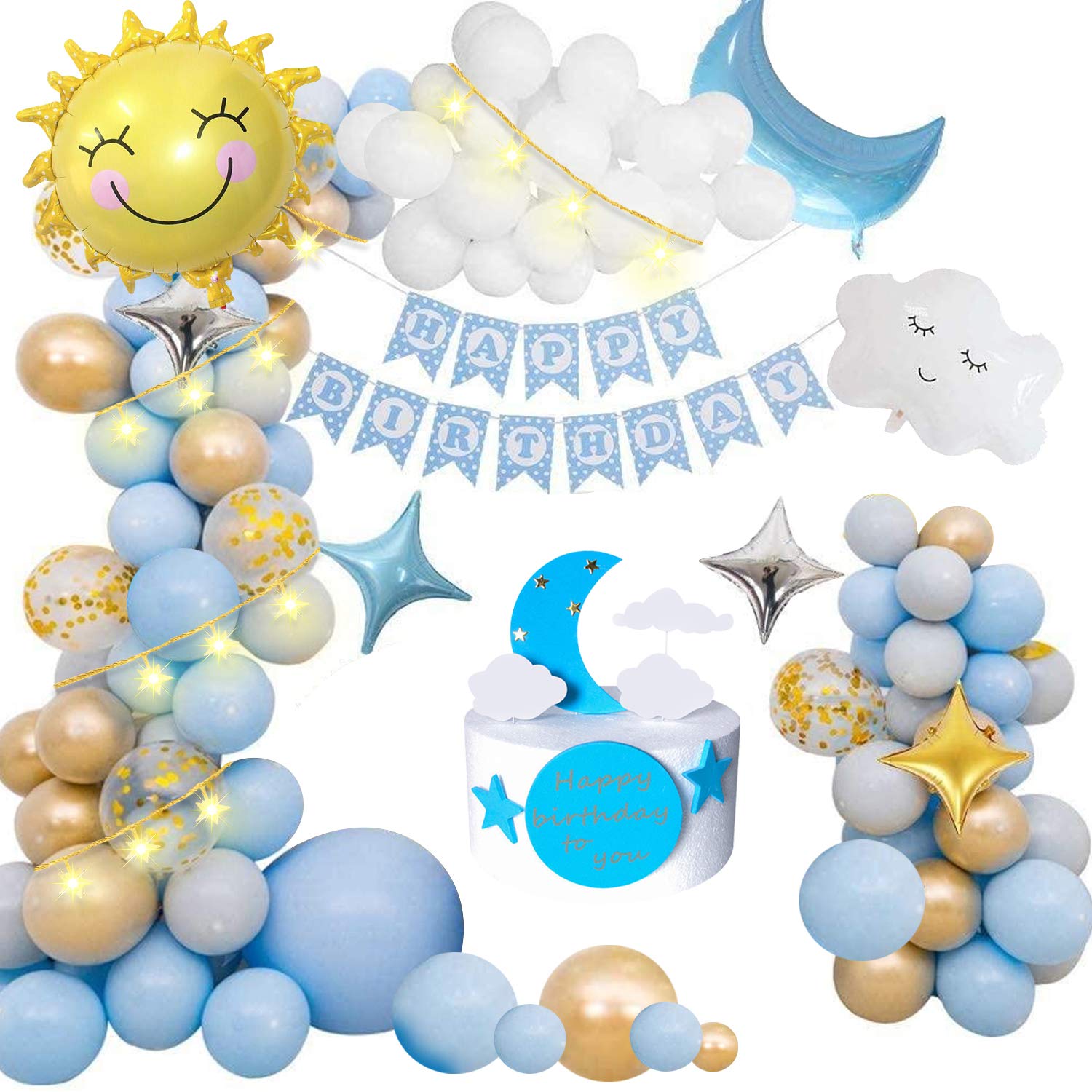 Birthday Decorations Boys Girls, Party Balloons Decoration Pastel Sky Theme with Happy Birthday Banner, Sun Moon Clouds Foil Balloon, Star Balloon for First 2nd 16th Birthday Party – Set of 99