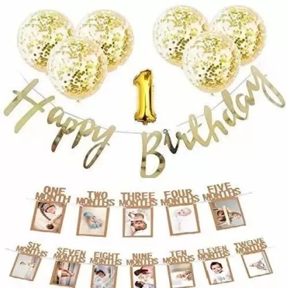 1st Birthday Special 10 Golden Confetti Balloons+Golden Happy Birthday Cursive Banner+Golden 1 Foil Balloon+Baby Photo Banner 1-12 Months