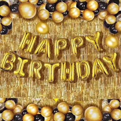  Solid Happy Birthday Golden Foil Letter Balloons(13 foil latter 1 pack)With 30 Pic Black Gold Balloons And 2 Pcs Golden Metallic Fringe Shiny Curtains