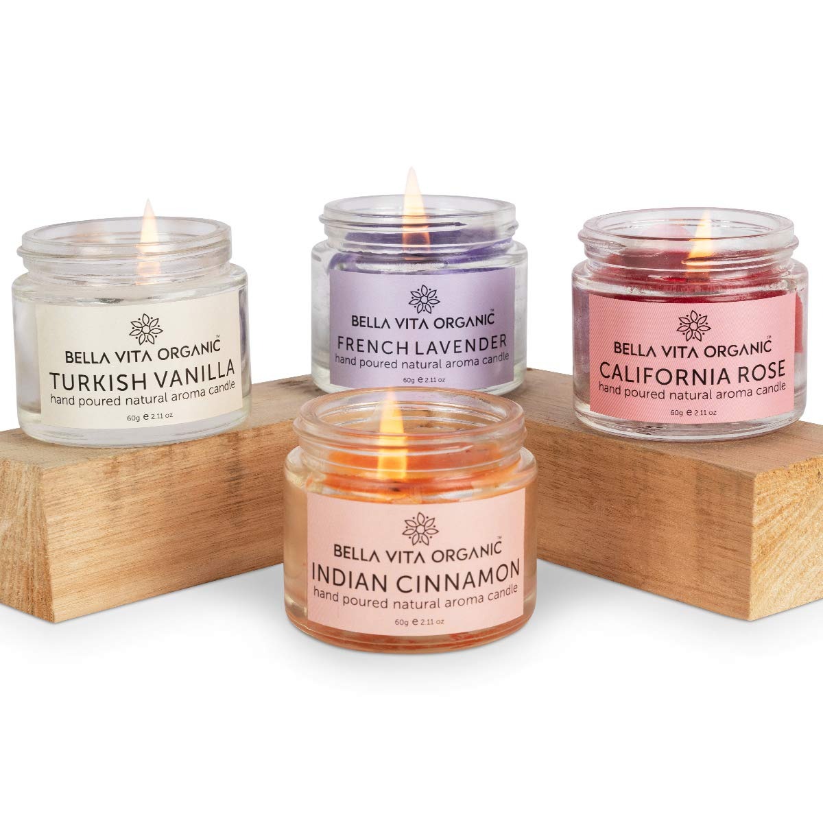 Bella Vita Organic Aroma Candles Soy Wax 4 X 60g each, Vanilla, Cinnamon, Lavender & Rose, Upto 15 hours, best gift